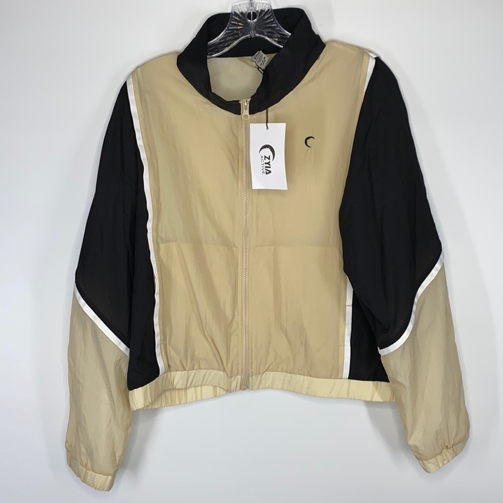 Zyia Active Black & Tan Zippered Windbreaker Jacket Size Medium NWT